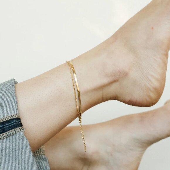 Gold Double Layer Anklet Snake & Satellite Chain Waterproof & Non-Tarnish PRETTY - Picture 1 of 13